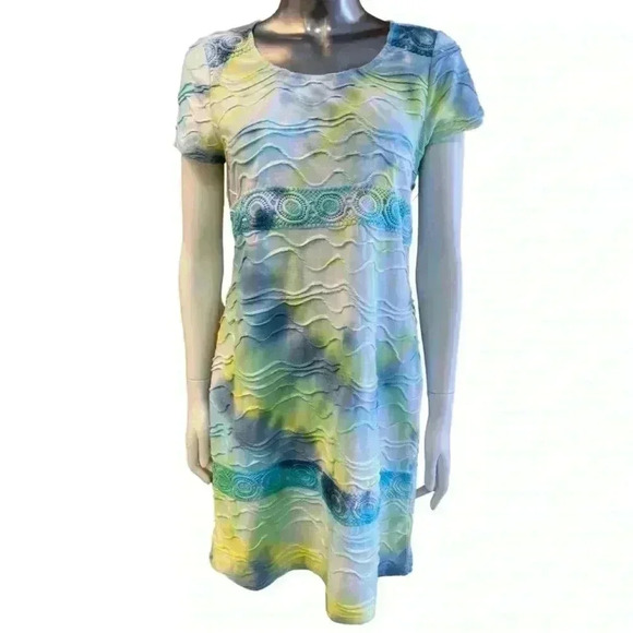 Hand Dyed Short Sleeve Fitted Dress White Blue Green Size 6 - Picture 1 of 7